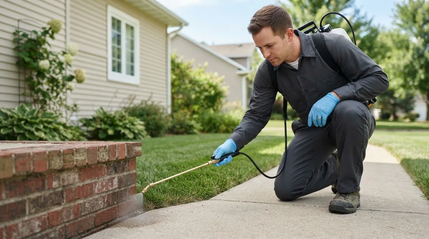 Pest control technician treating a home near Fowler, CO